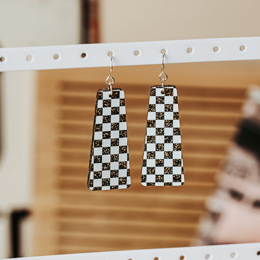 black white checkered acrylic earrings race day