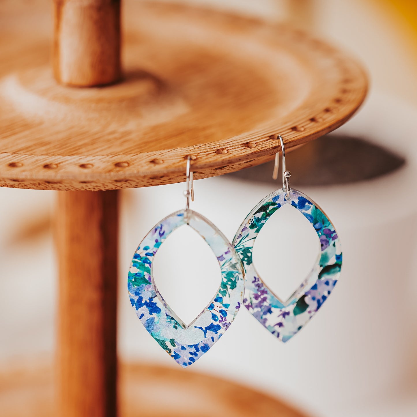 Blue and purple watercolor floral acrylic teardrop earrings with Hypoallergenic stainless steel hook floral earrings