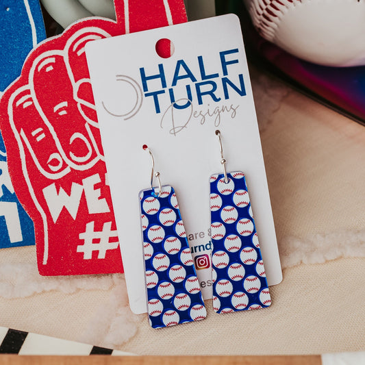 Blue mirror baseball bar dangle earrings with silver stainless steel hooks by Half Turn Designs for baseball moms and baseball fans