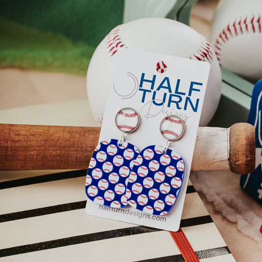 blue baseball print dangle earrings with glass baseball cabochon stud posts