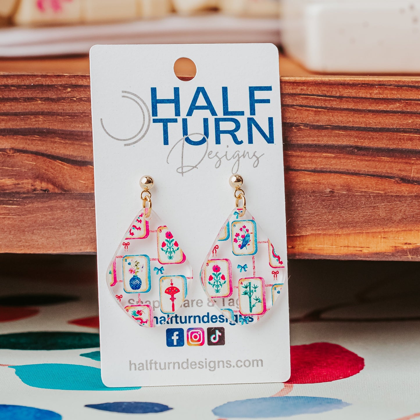 Boutique mahjong earrings for women with gold-tone studs