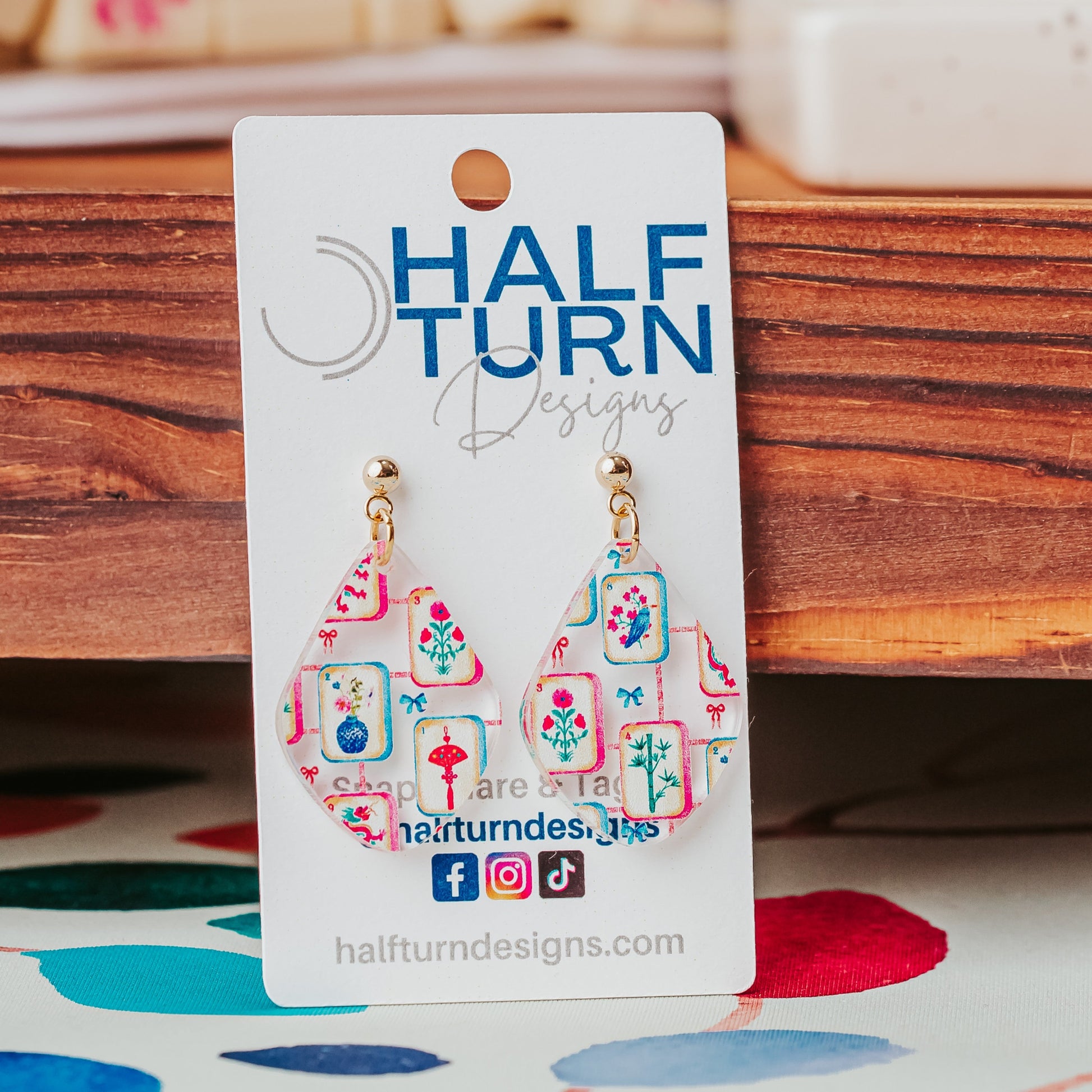 Boutique mahjong earrings for women with gold-tone studs