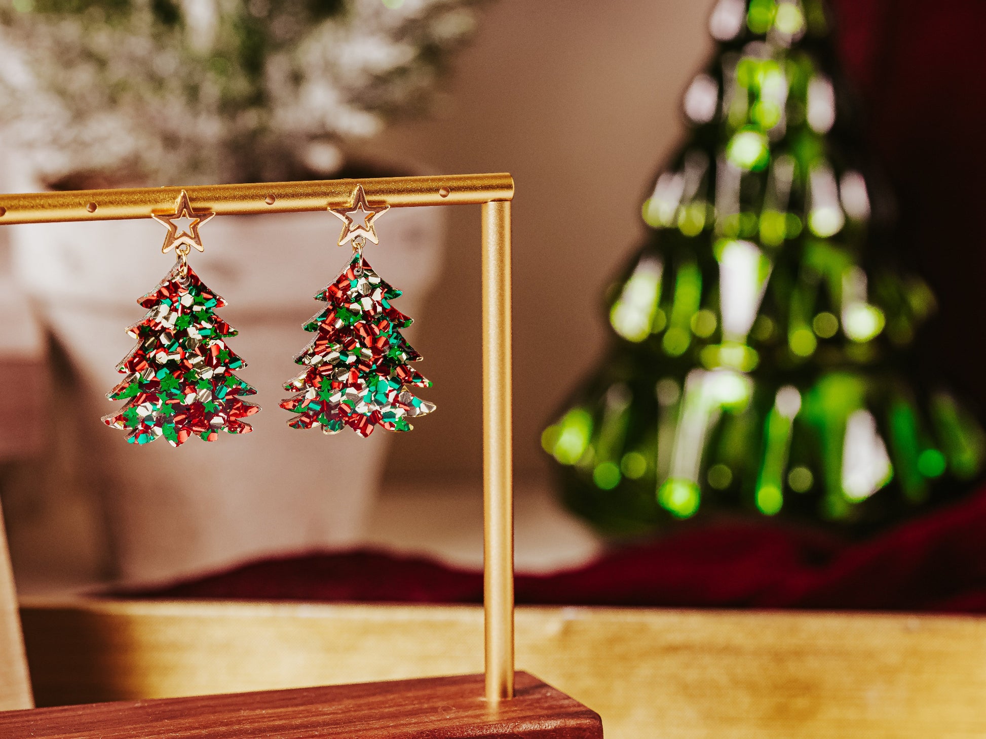 Red, Green & Gold Glitter Christmas Tree Earrings adorned with gold star