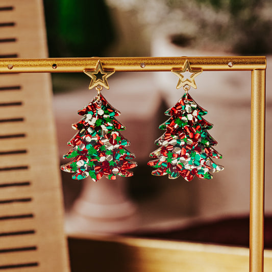 Red, Green & Gold Glitter Christmas Tree Earrings adorned with gold star