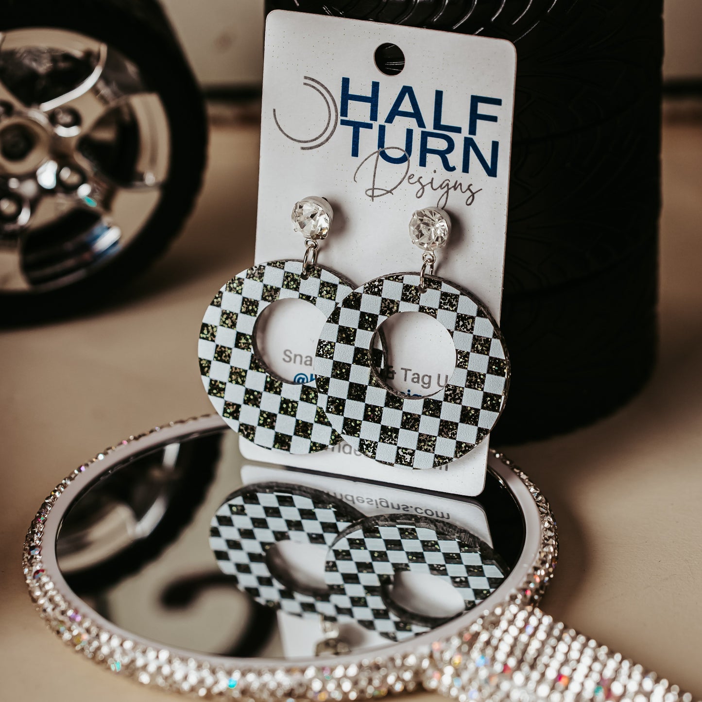 White and Black Checkered Circle Dangle Earrings on Rhinestone Studs, Racing Dangle Earrings