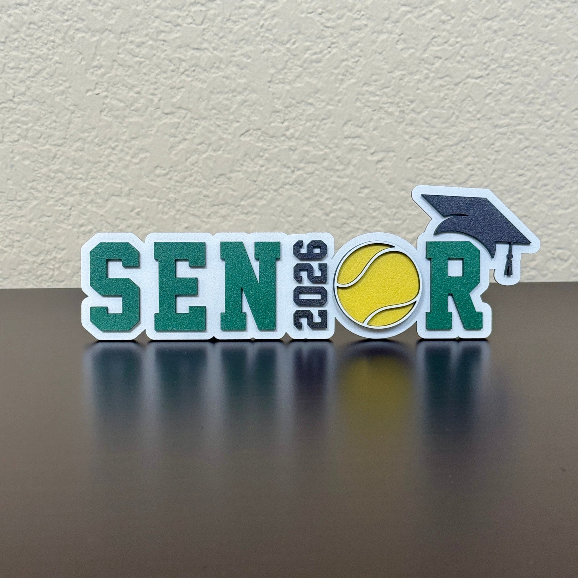 Tennis sign for Class of 2026 high school senior - made of wood and available in 14 school colors.