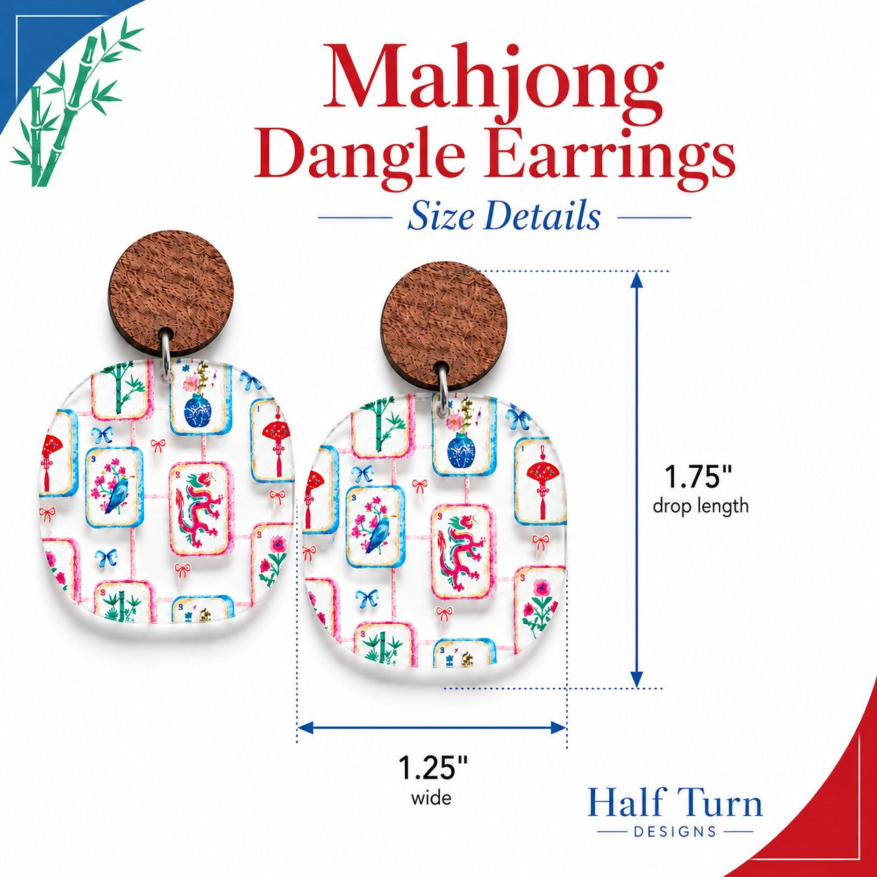 Size detail image for Half Turn Designs Mahjong earrings indicating that they have a 1.75" drop length and a width of 1.25".