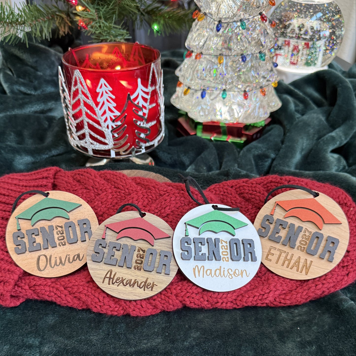 Senior 2027 ornaments in walnut, mahogany, white and cherry finish