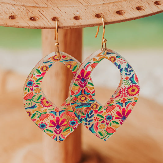 Colorful floral acrylic earrings teardrop shape hypoallergenic stainless steel gold hooks