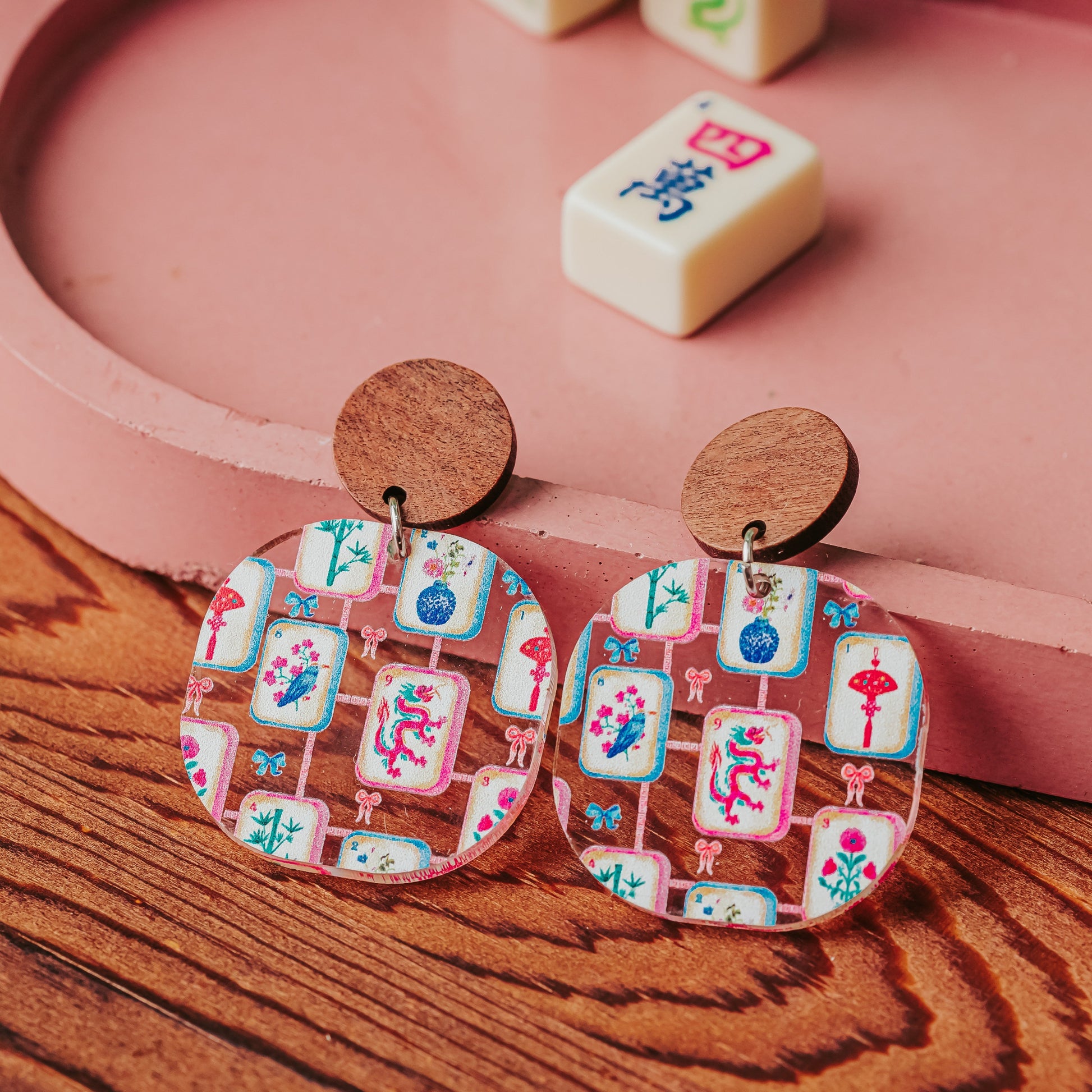 Colorful mahjong tile dangle earrings in rounded square shape with hypoallergenic walnut wood studs