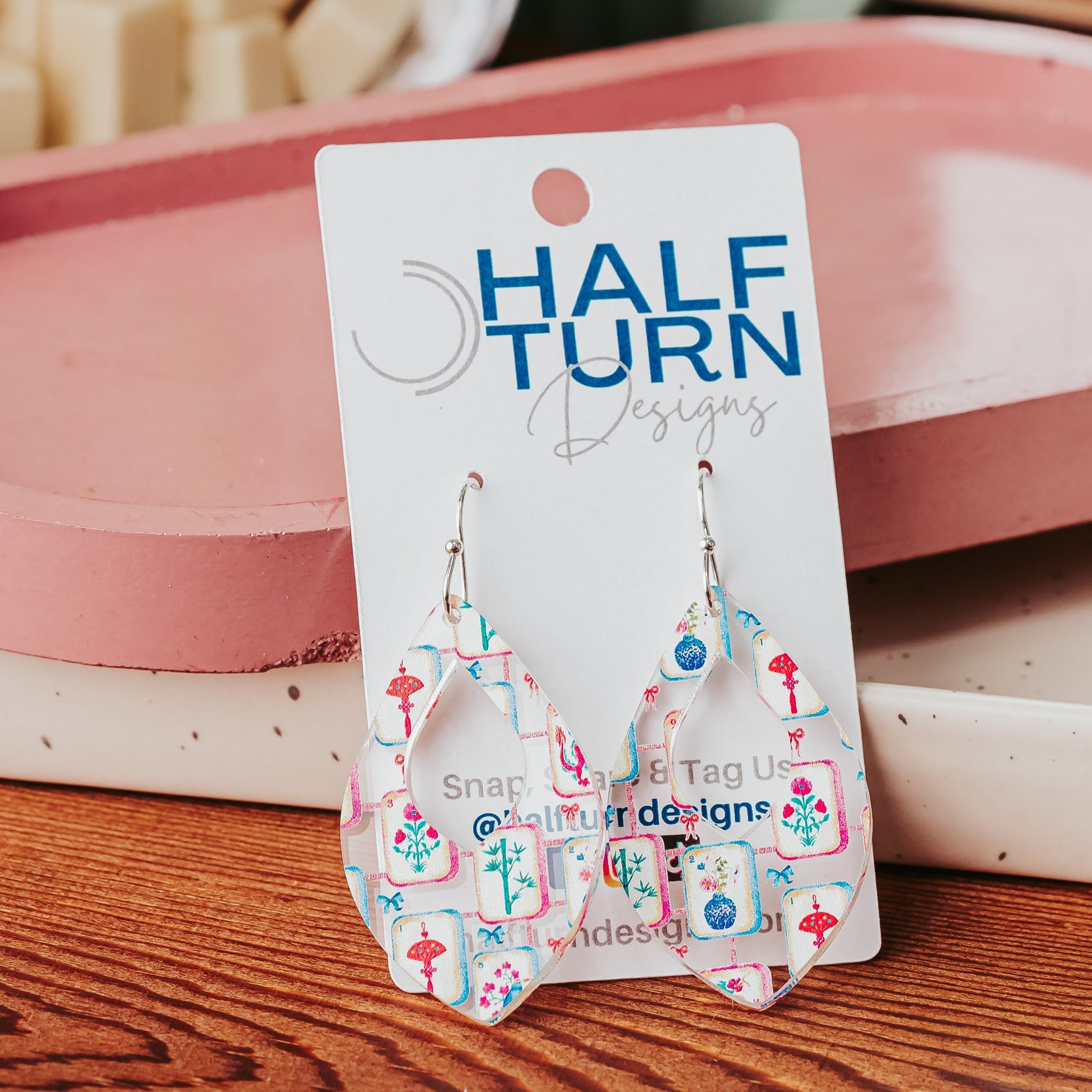 Colorful teardrop mahjong tile print earrings with hypoallergenic stainless steel hooks