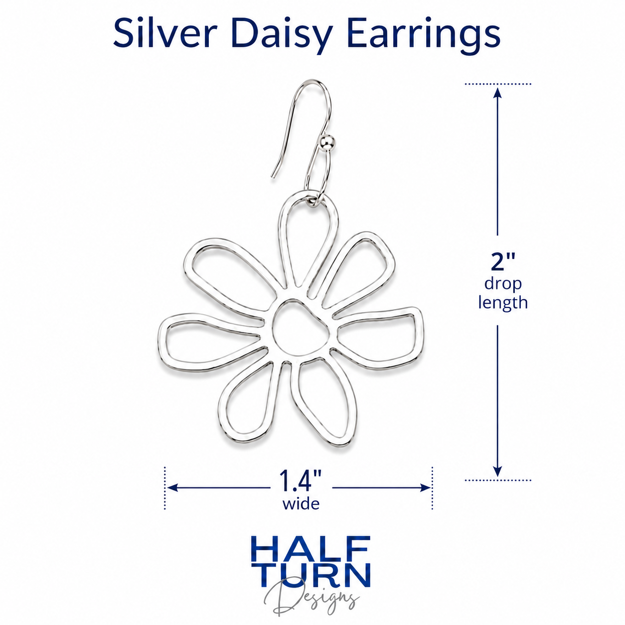 Size details for the daisy dangle earrings indicating that they have a 2" drop length and a width of 1.4" 