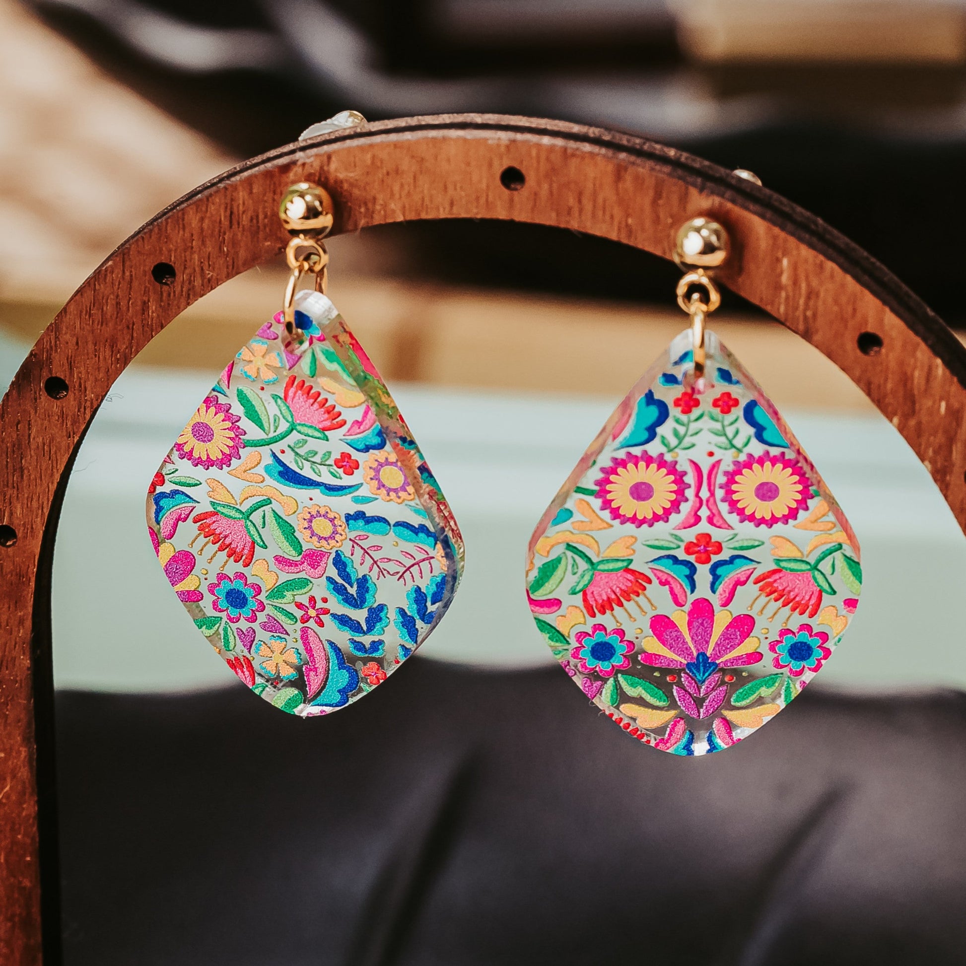 Mexican floral diamond-shaped acrylic earrings with gold stainless steel studs