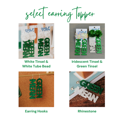 Earring Toppers options for Officially licensed University of North Texas Mean Green Game Day earrings in green and white glitter with your choice of earrings topper including silver earring hooks, rhinestone topper, white tube bead topper, green tinsel topper, iridescent tinsel topper or white tinsel topper.