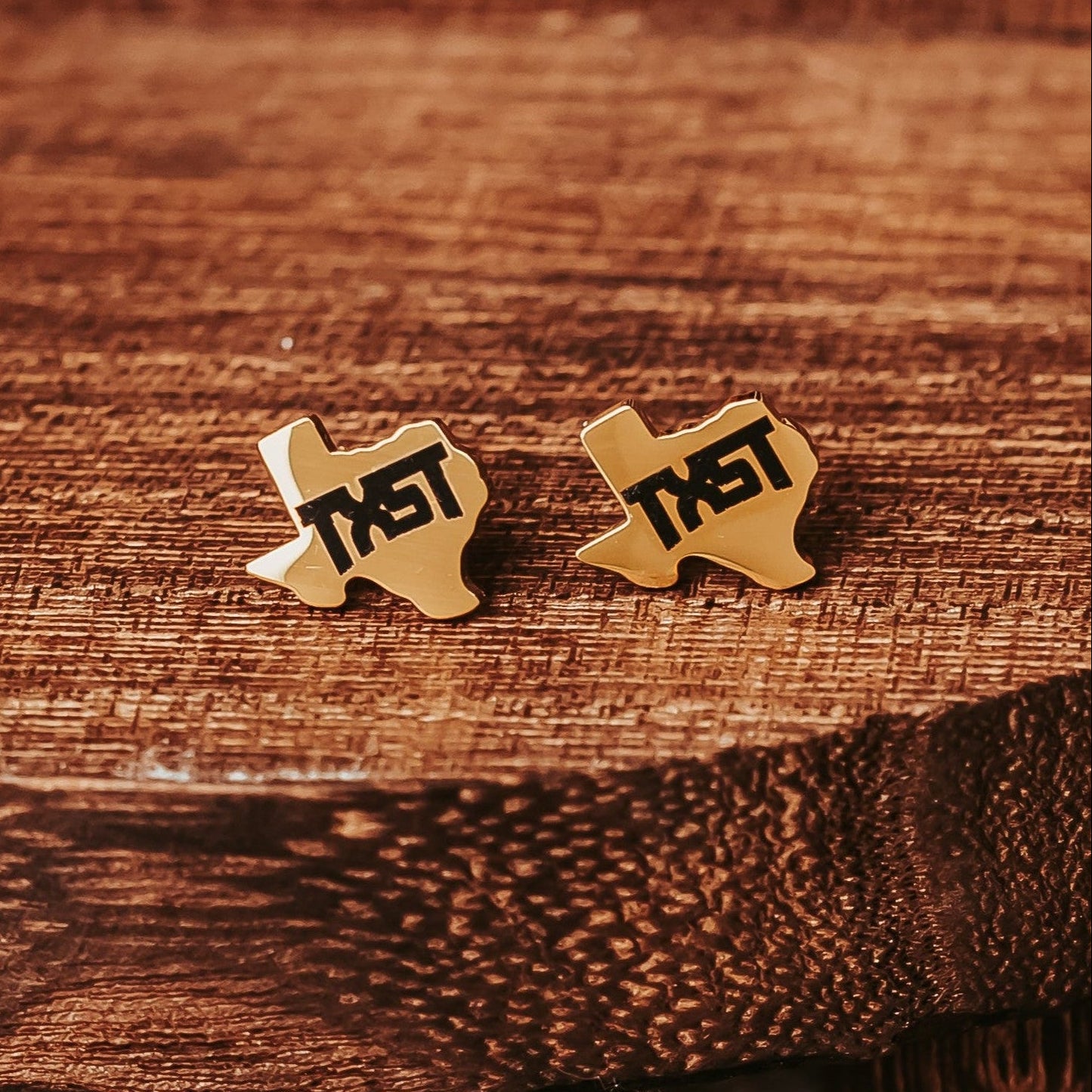 Gold Texas State engraved TXST stainless steel stud earrings 
