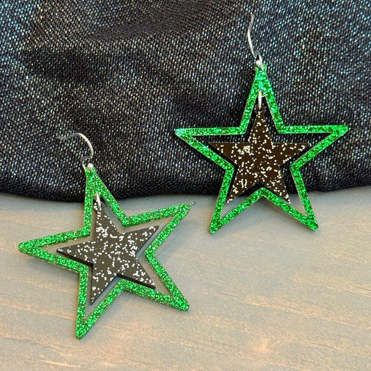 Stars earrings in Green and Black Glitter acrylic on silver earring hooks