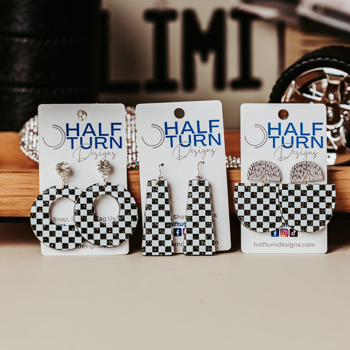 Half Turn Designs Collection of black and white checkered racing earrings
