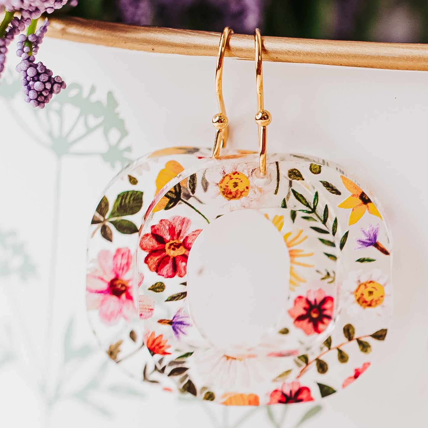 Boho floral earrings, clear acrylic earrings with hypoallergenic stainless steel earring hook