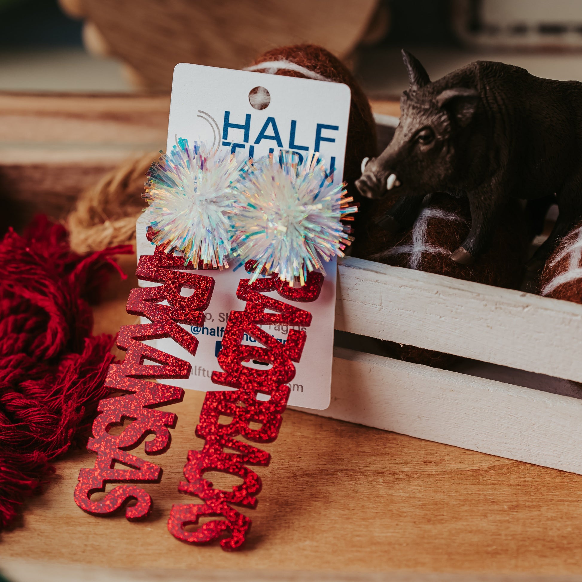 Licensed Arkansas Razorbacks earrings  in crimson glitter acrylic for alumni and fans