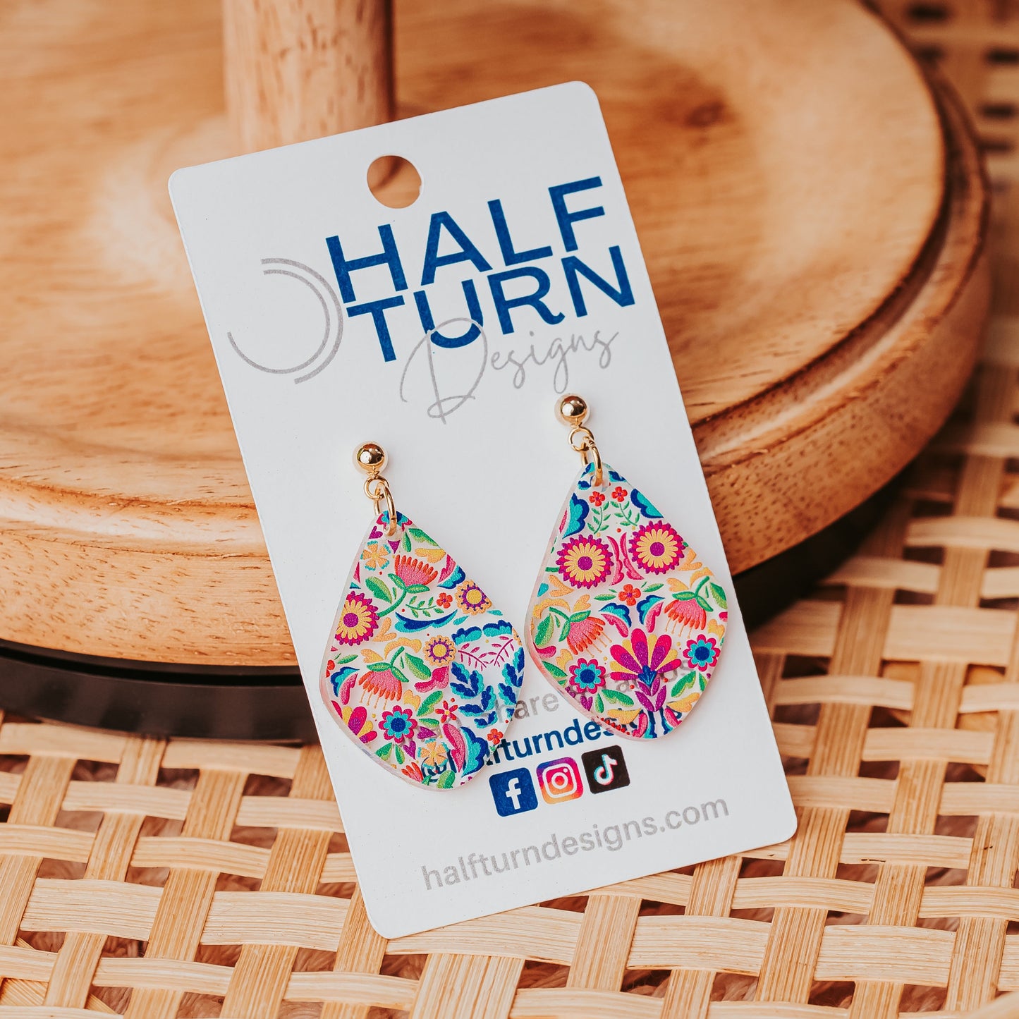 Lightweight colorful summer earrings with floral fiesta pattern and hypoallergenic stainless steel ball studs in gold