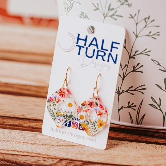 Lightweight flower earrings with vibrant print on Half Turn Designs earring card