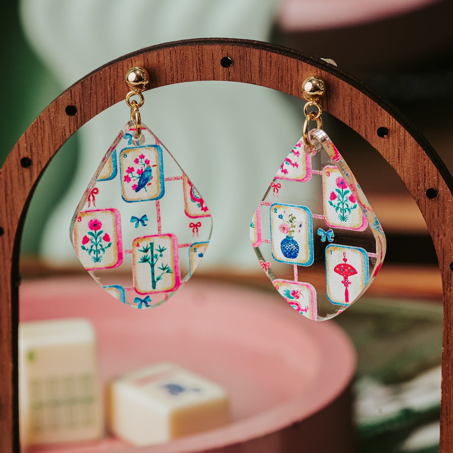Lightweight acrylic mahjong tile drop earrings in diamond shape