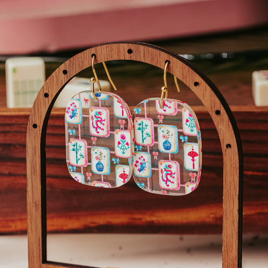 Mahjong acrylic dangle earrings with printed tile pattern on hypoallergenic stainless steel gold earring hooks