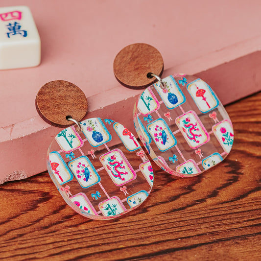mahjong acrylic earrings in rounded square shape with walnut wood studs