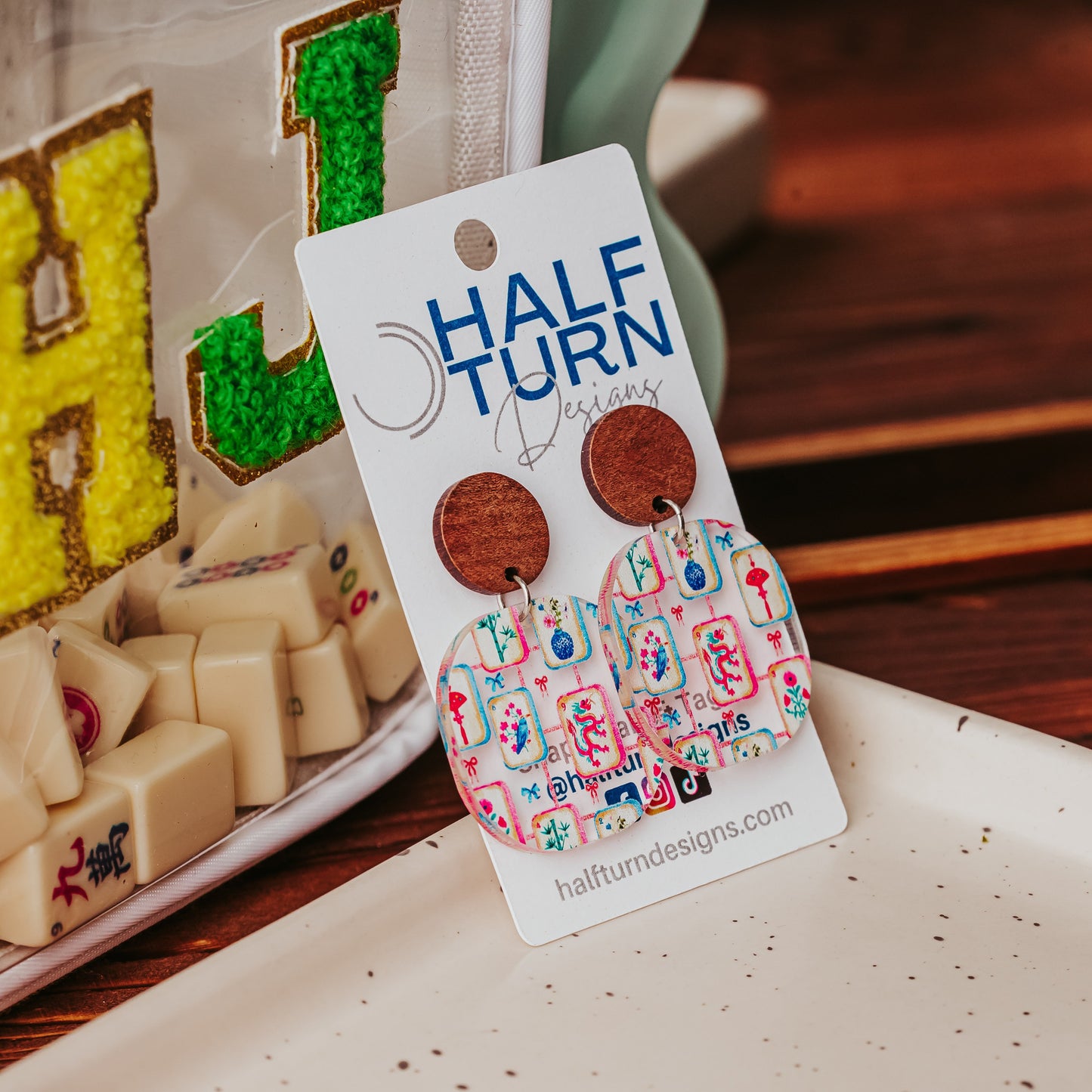 Colorful mahjong tile dangle earrings in rounded square shape with hypoallergenic walnut wood studs, Unique mahjong gift earrings for women