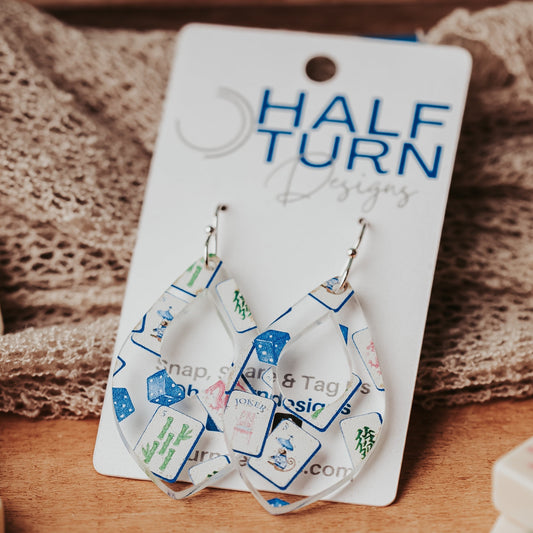 Mahjong tile pattern teardrop earrings on silver hooks displayed on a Half Turn Designs card