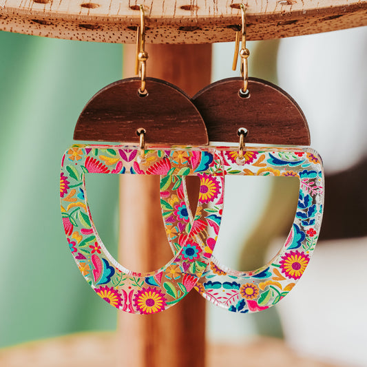 Mexican floral wood and acrylic statement earrings by Half Turn Designs