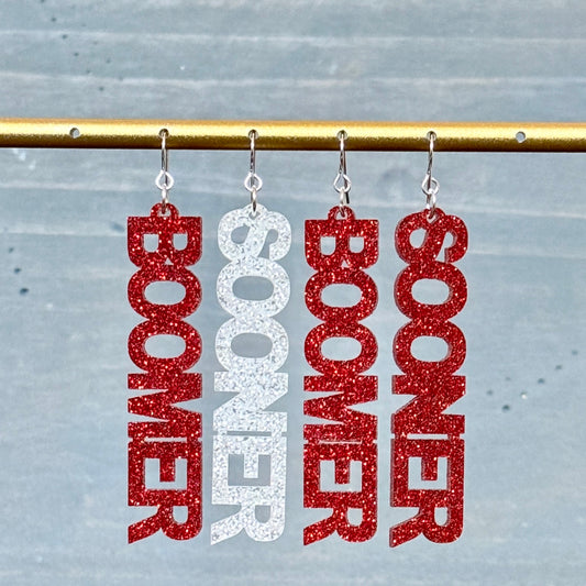 Mini Boomer Sooner OU glitter acrylic earrings in crimson and white with silver tone hooks