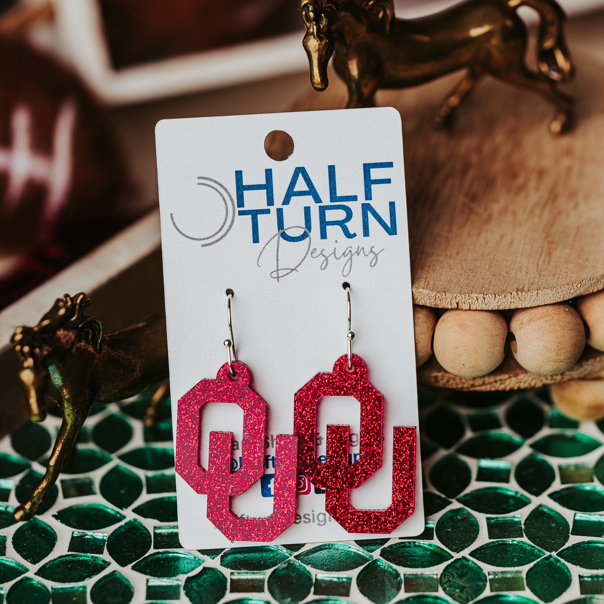 OU logo Boomer Sooner Game Day Jewelry for Students & Alumni in crimson glitter acrylic with silver earring hooks