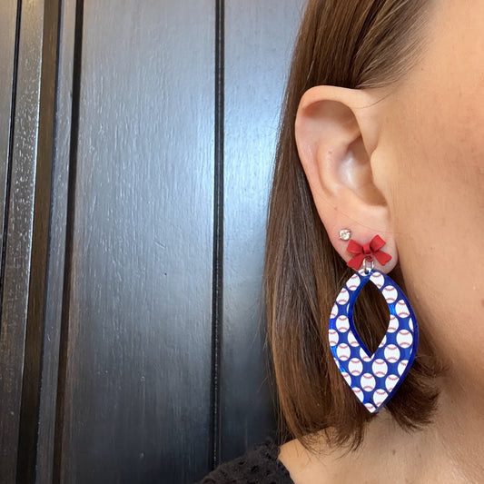 Model wearing Baseball statement earrings for women with playful sporty design