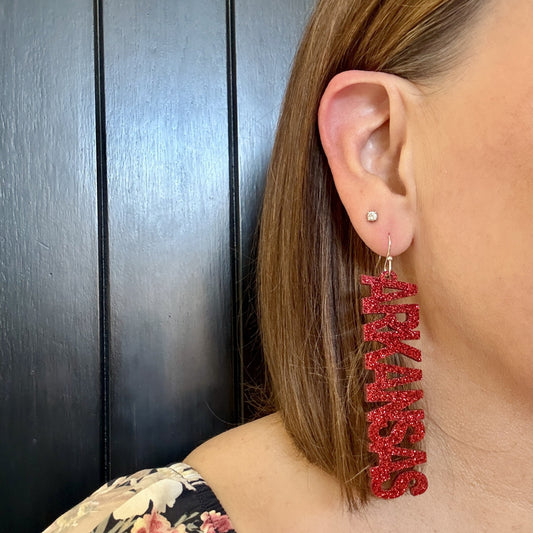 Model wearing Officially Licensed University of Arkansas Game Day Earrings for Razorbacks fans by Half Turn Designs