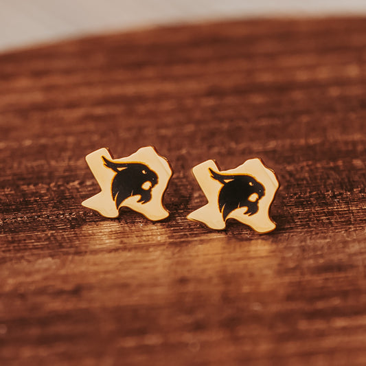 Officially licensed Texas State University Bobcat studs made from hypoallergenic stainless steel in gold or silver finish by Half Turn Designs.