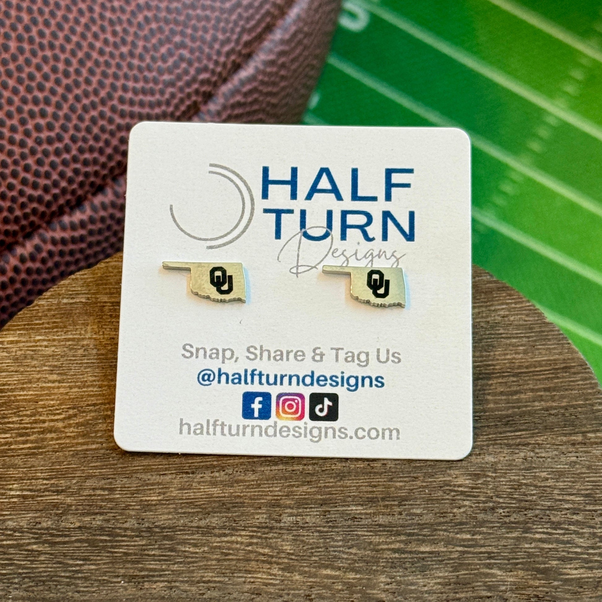 Minimal OU student earrings in hypoallergenic stainless steel. Officially licensed by Half Turn Designs