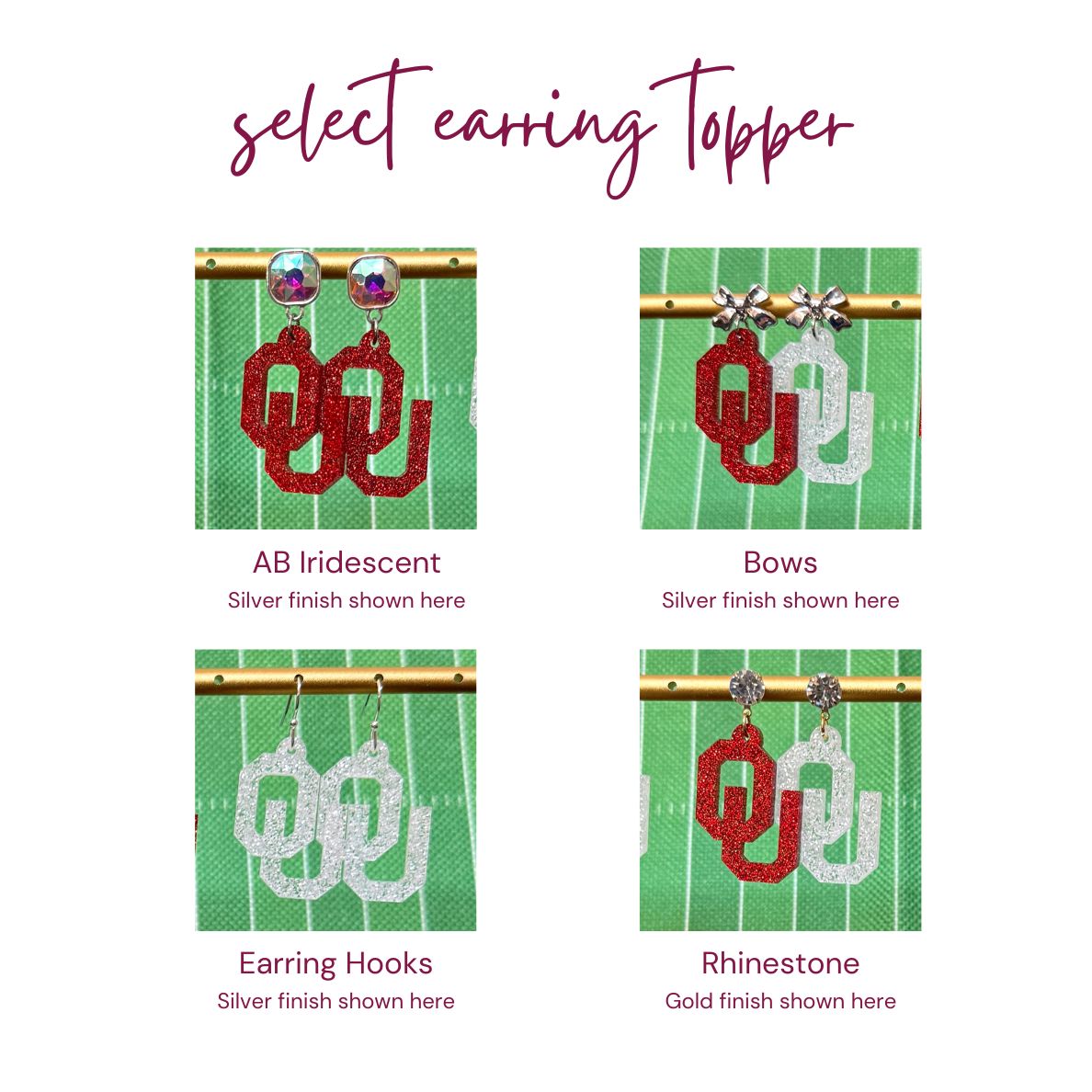 Officially Licensed University of Oklahoma Sooners Earrings in Crimson and White Glitter Acrylic, OU logo Boomer Sooner Game Day Jewelry for Students & Alumni in a variety of earring toppers including AB Iridescent Jewel, Rhinestone, Bows or Earring Hooks - all available in gold or silver finish.