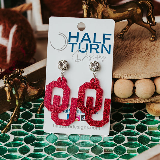 Officially Licensed University of Oklahoma Sooners Earrings in Crimson Glitter Acrylic with Rhinestone studs