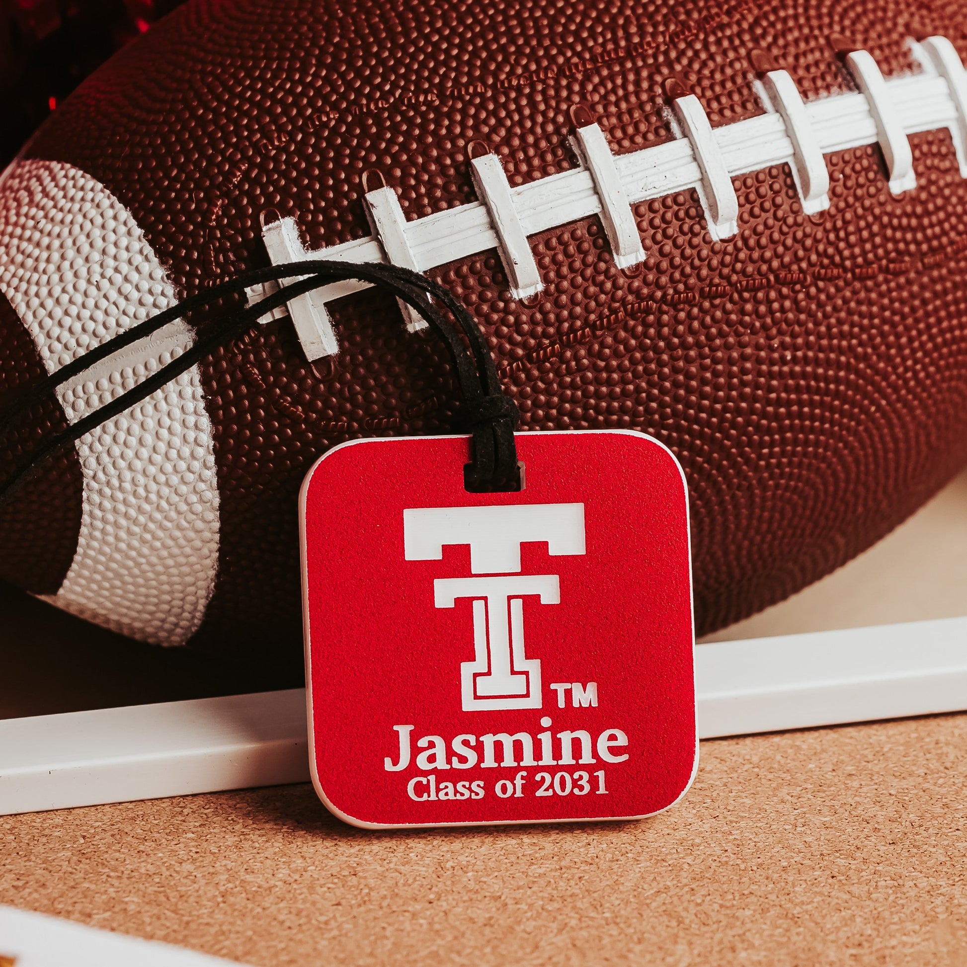 Personalized red Texas Tech acrylic luggage tag with white Double T logo, name and graduation year
