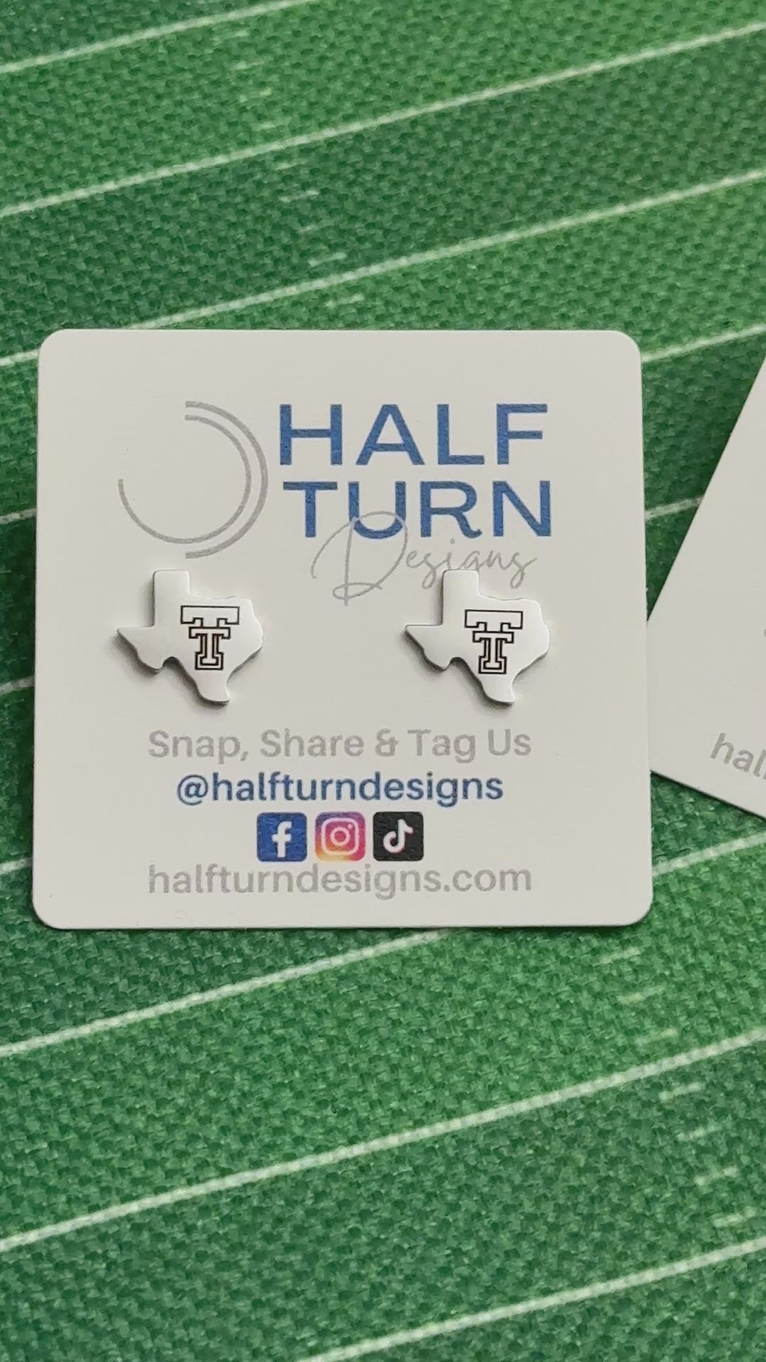 Video of gold and silver-tone Texas-shaped Texas Tech stud earrings engraved with the TTU Double T Logo