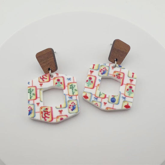 Colorful Mahjong Tile Earrings in Hexagon shape with wood studs