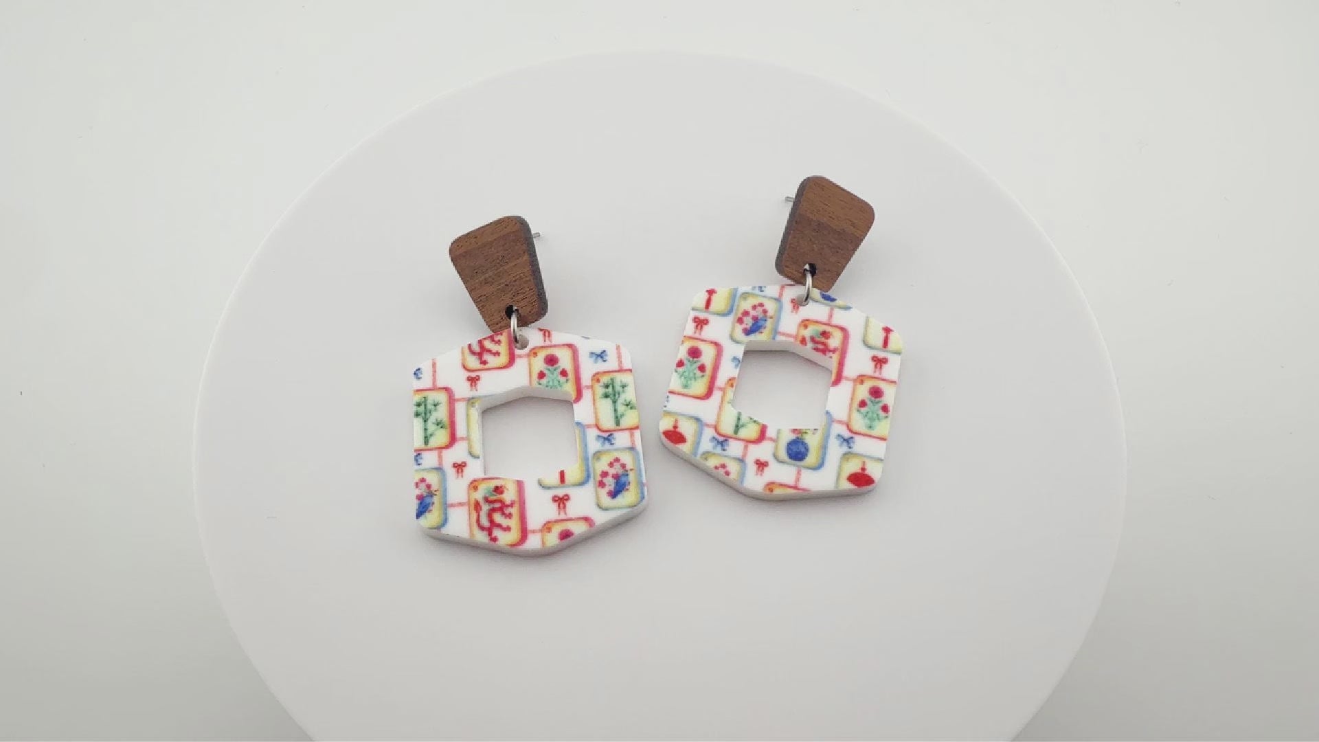 Colorful Mahjong Tile Earrings in Hexagon shape with wood studs