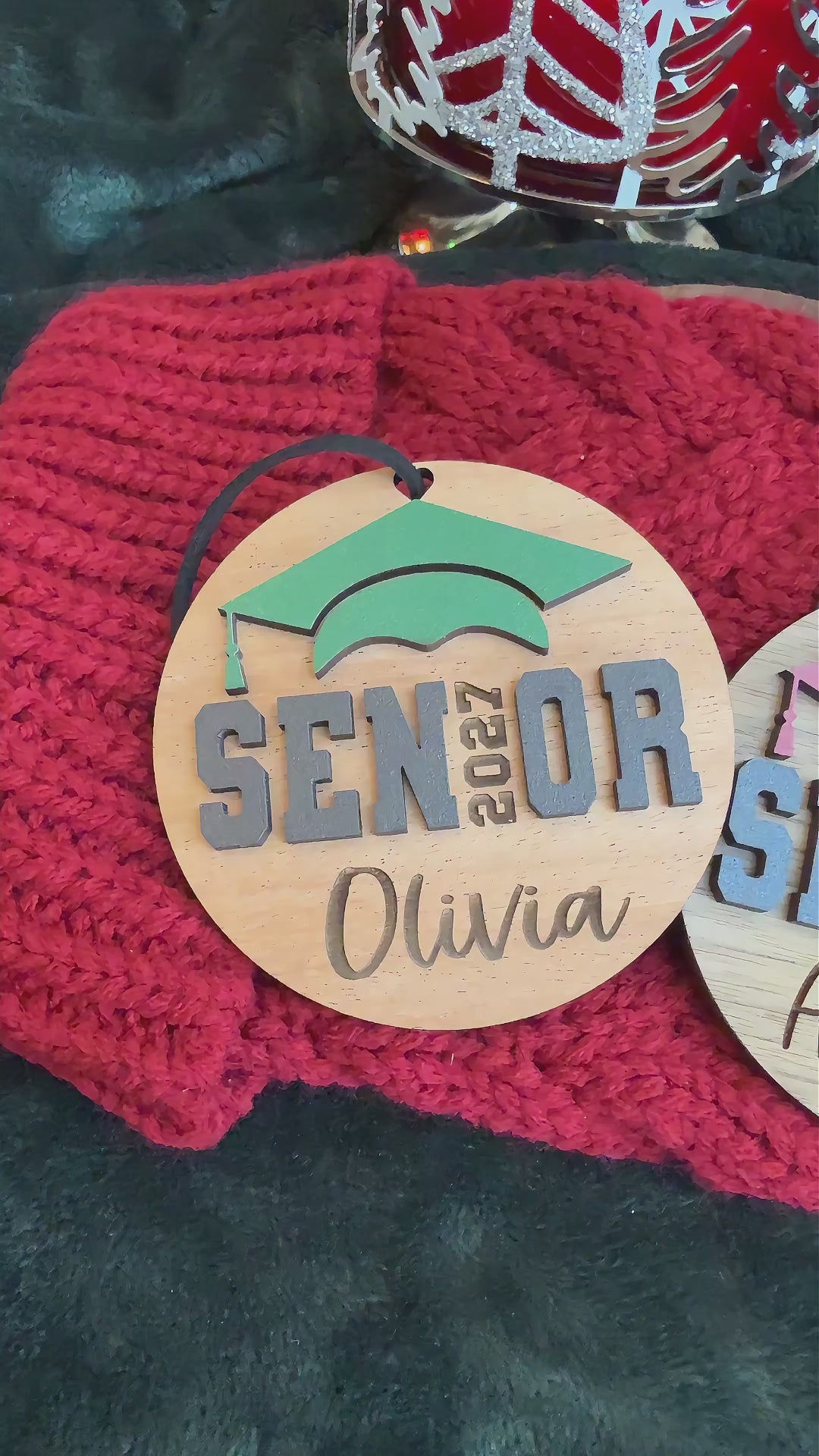 Personalized Senior 2027 Ornaments in 4 wood finishes and 14 school colors, engraved with graduate's name.