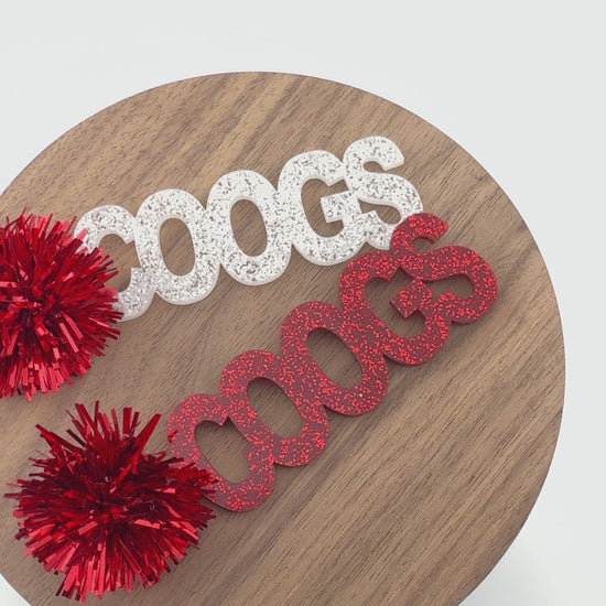 Video of University of Houston COOGs earrings with red tinsel toppers
