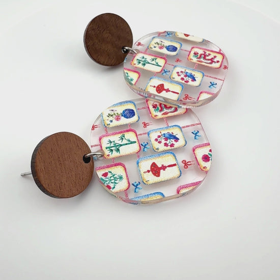 Video of Mahjong Dangle earrings with walnut studs by Half Turn Designs