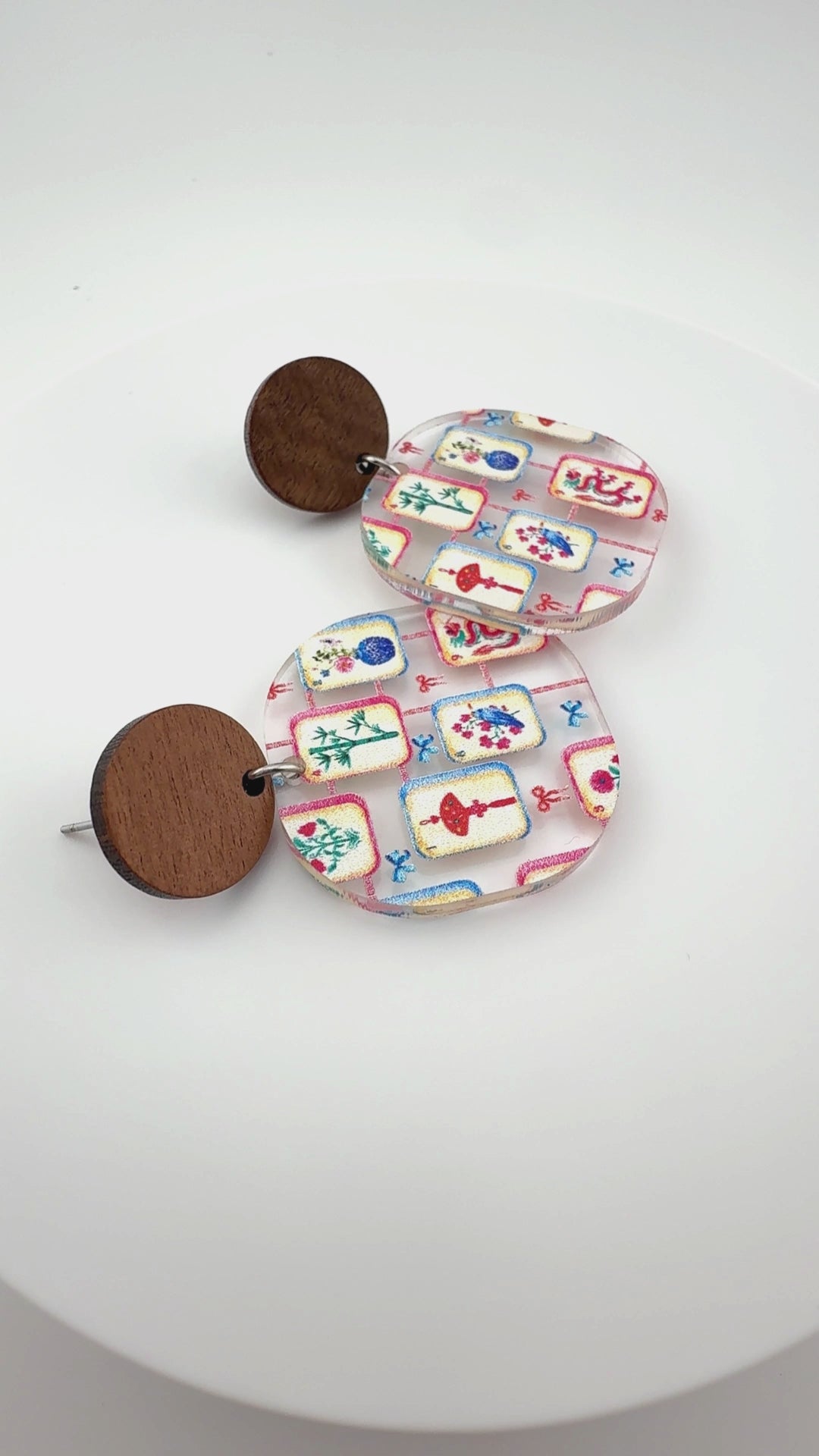 Video of Mahjong Dangle earrings with walnut studs by Half Turn Designs