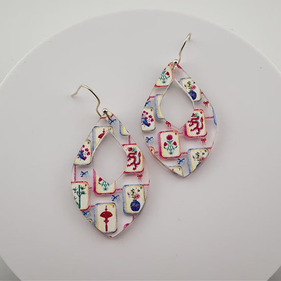 Colorful Mahjong Teardrop Earrings on stainless steel silver earring hooks
