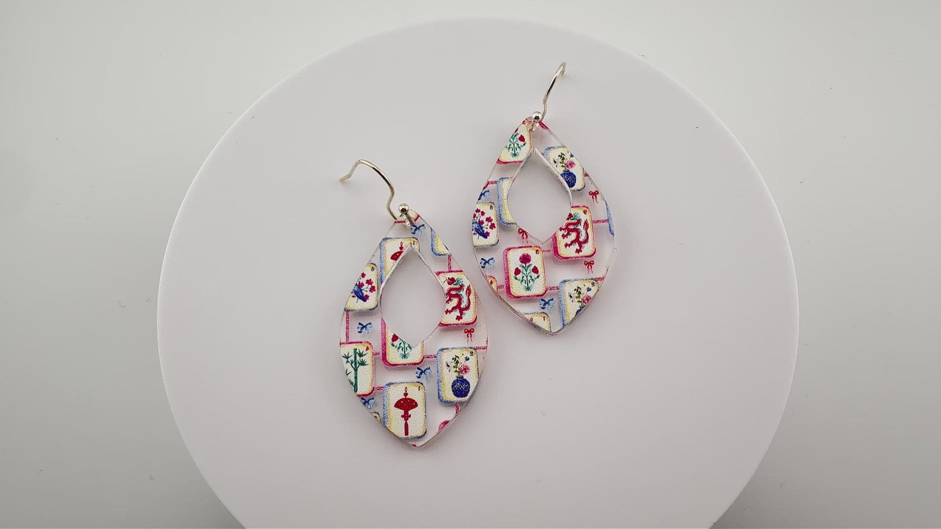 Colorful Mahjong Teardrop Earrings on stainless steel silver earring hooks
