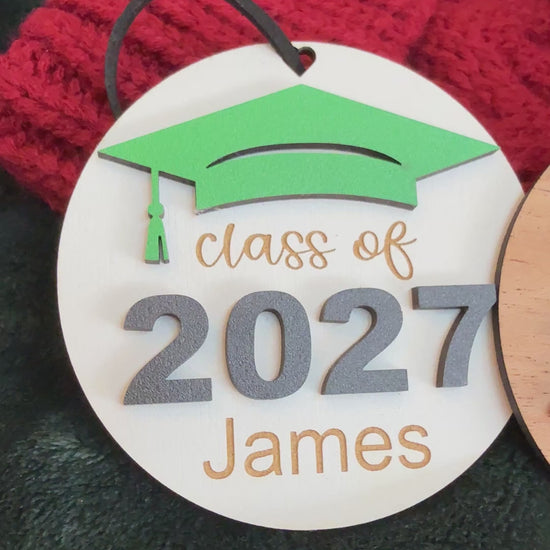 Personalized Class of 2027 ornaments in 4 wood finishes and 14 school colors